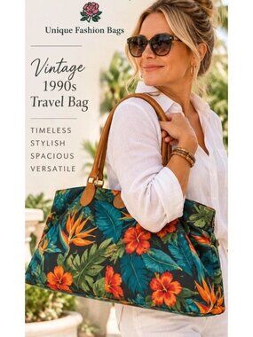 VTG Carpetbags Of  America Tropical Floral Weekender Travel Bag Canvas Satchel